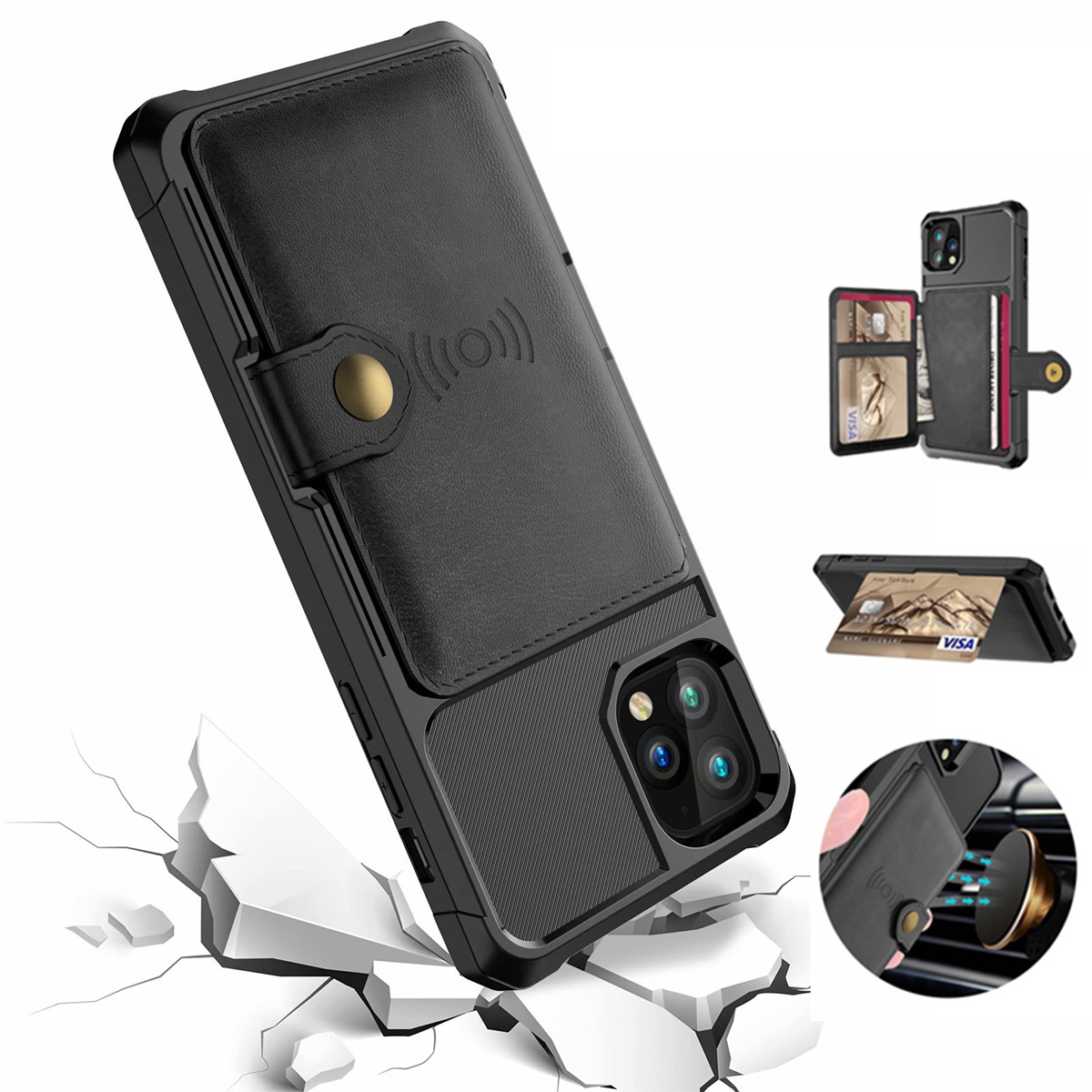 De luxe Armor Adsorption Magnétique Multi Fentes Pour Cartes Stand En Cuir PU Antichoc Portefeuille Étui De Protection pour iPhone 11 / Pro / Pro Max