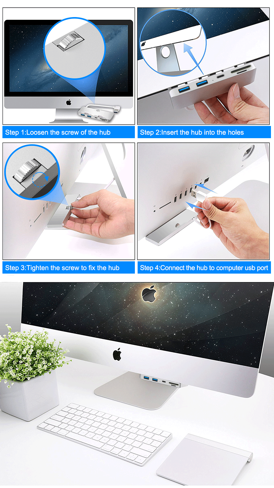 Rocketek HC413 Hub USB 3.0 in alluminio Type-C Hub TF / SD Card Reader Adattatore USB per telefono IMAC fotografica Printer U Disk
