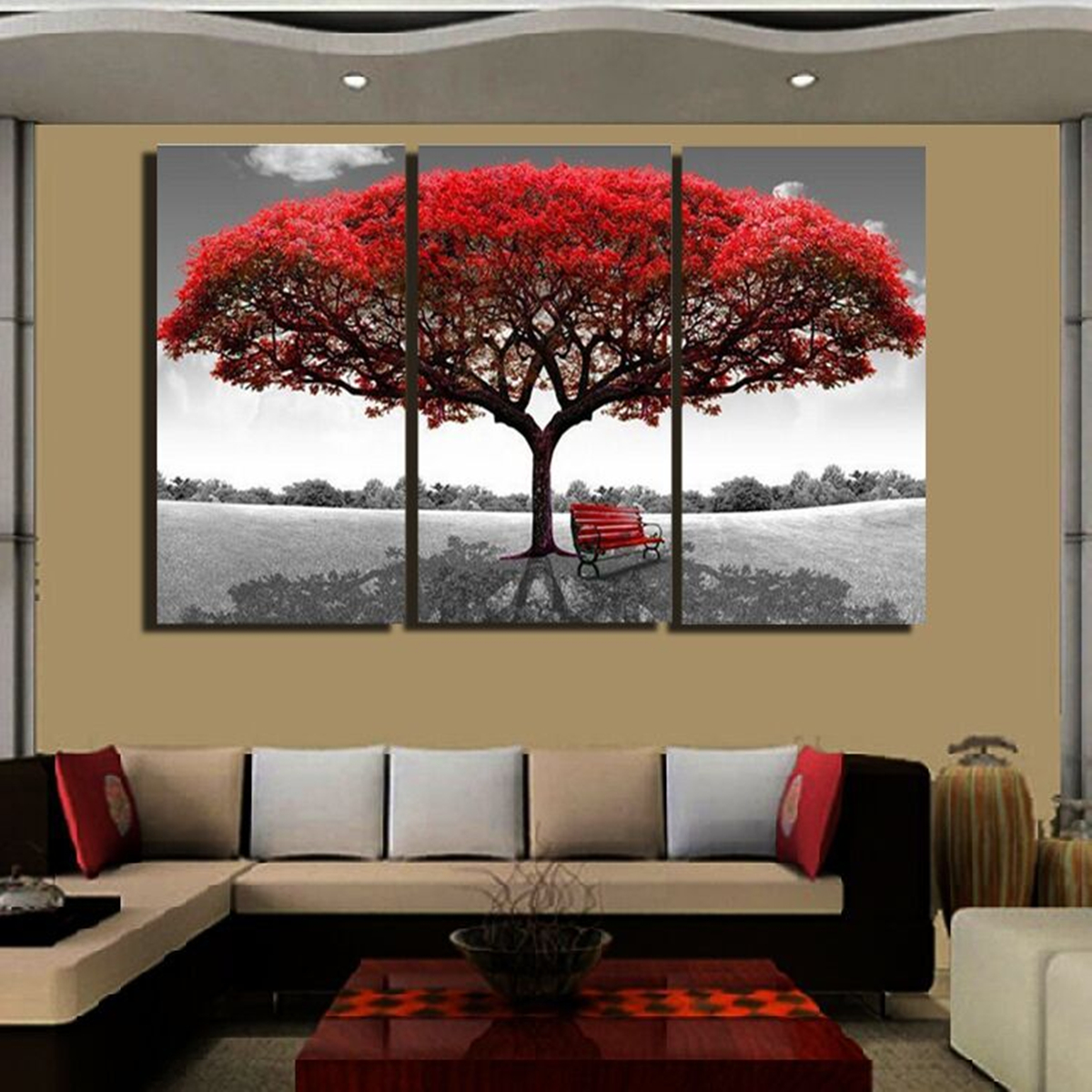 3 Pcs Grand Arbre Rouge Impression Sur Toile Art Peintures Image Moderne Décor À La Maison