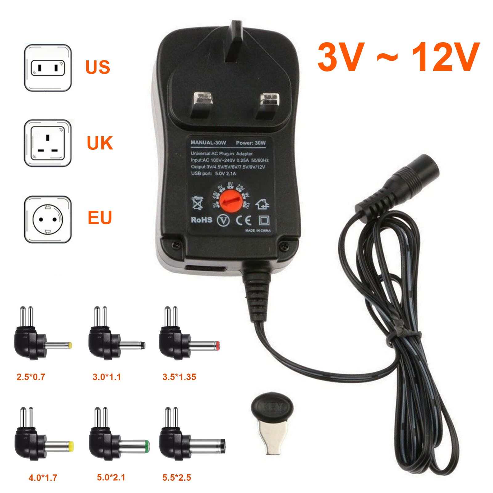 30W 3-12V Regulated Universal Power Adpapter Multi-function Switching Power Supply Power Supply Adapter AC to DC with 6 connectors