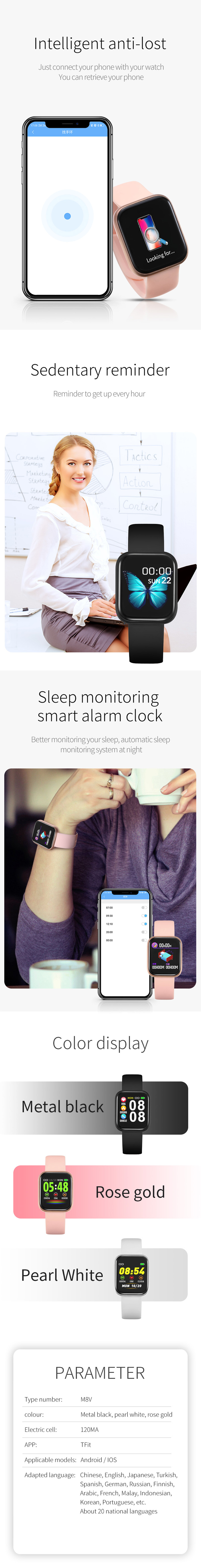 Bakeey M8V Full Touch Screen Cuore Monitoraggio della pressione sanguigna Ossigeno UI divertente Display Smart Watch