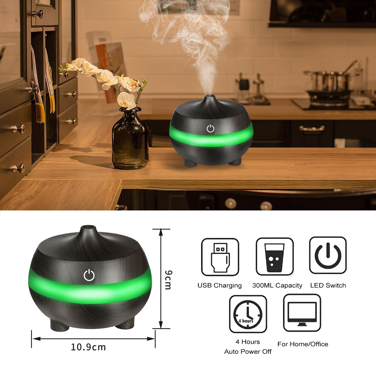 Humidificateur d'air à diffuseur d'huile essentielle 300 ml avec 7 lumières de couleur Diffuseur Aromatherapy USB avec fonction d'arrêt automatique Humidificateur à brume fraîche