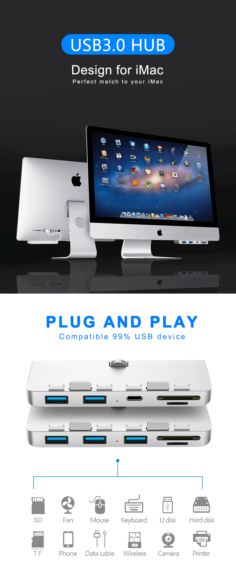 Rocketek HC413 Hub USB 3.0 in alluminio Type-C Hub TF / SD Card Reader Adattatore USB per telefono IMAC fotografica Printer U Disk
