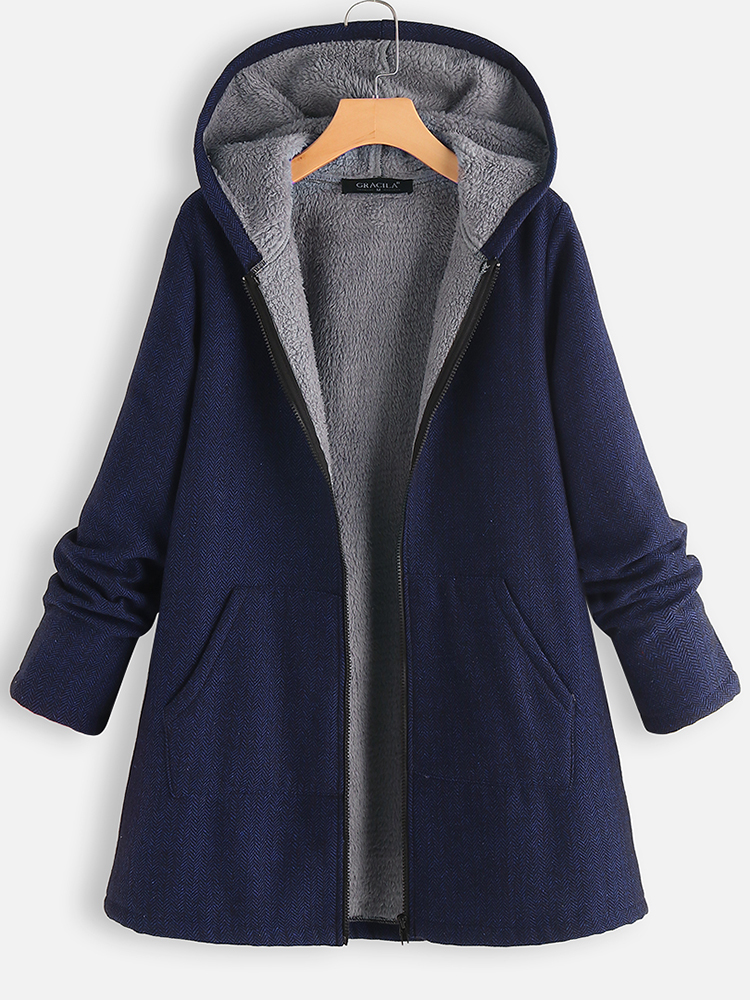 Manteau épais de couleur unie à capuche à manches longues pour les femmes