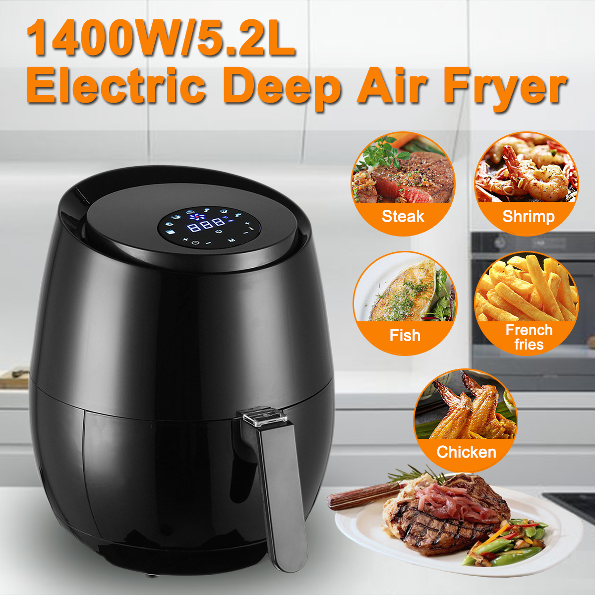 1400W 5.2L Multi-Purpose Eletric Deep Air Fryer Temperature Control Oil Free LCD Touch Screen