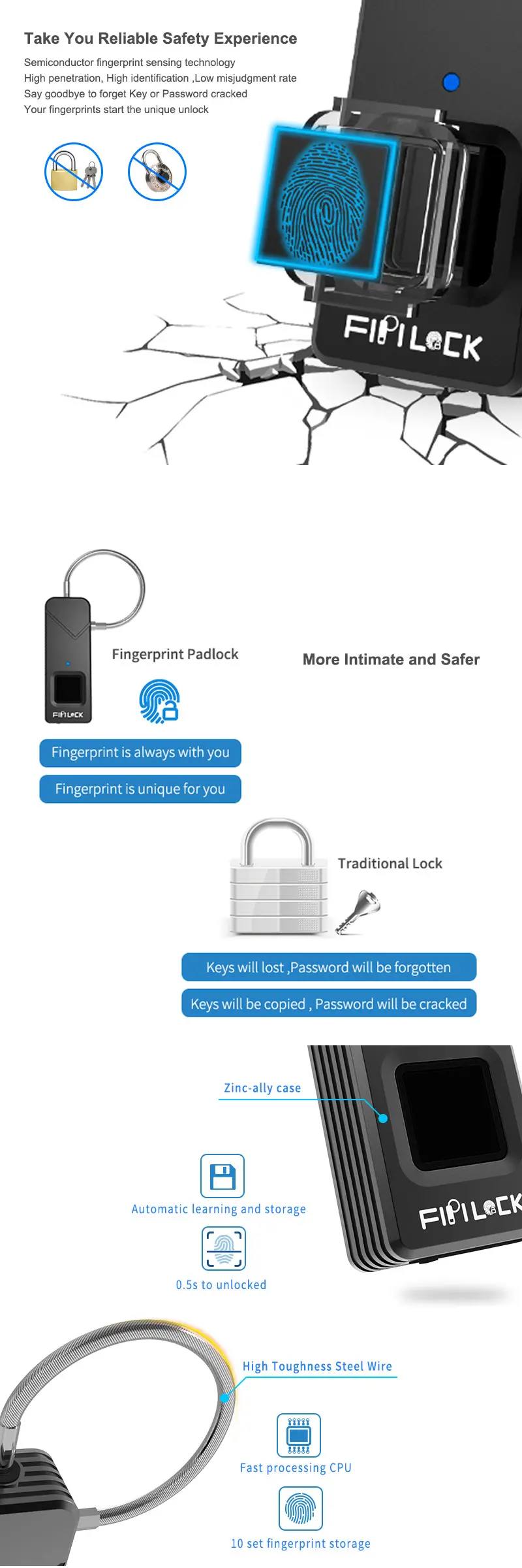 Fipilock FL-S2 Smart Lock Keyless Fingerprint Lock IP65 Waterproof Antii-Theft Security Padlock Door Luggage Case