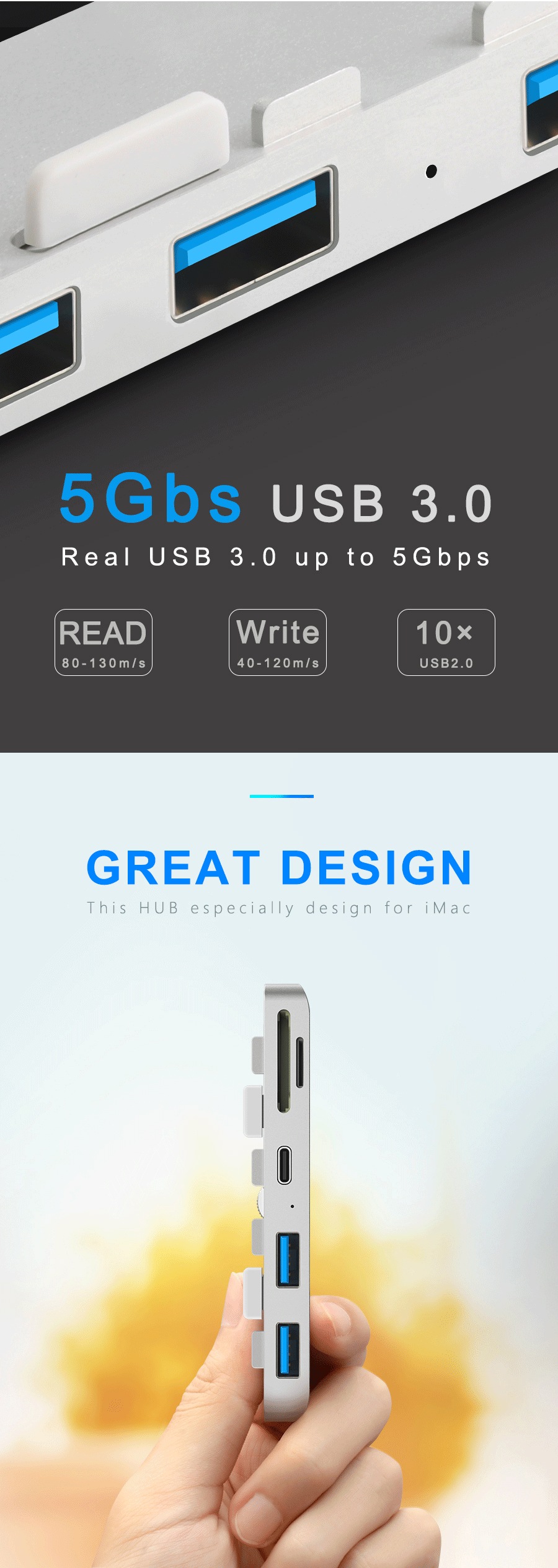 Rocketek HC413 Hub USB 3.0 in alluminio Type-C Hub TF / SD Card Reader Adattatore USB per telefono IMAC fotografica Printer U Disk