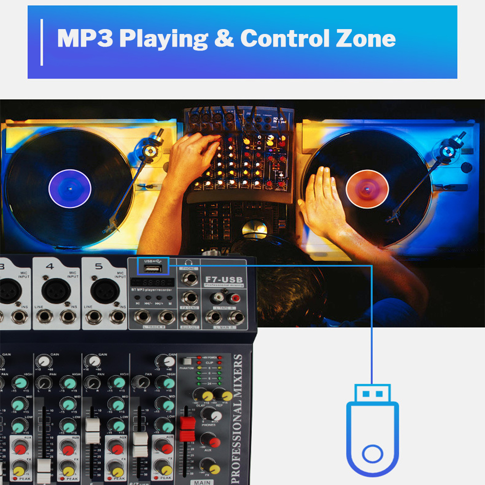 JIY F7 25W 7 canali 3-bande EQ AUX Uscita 48V Phantom Potenza Bluetooth Mixer audio