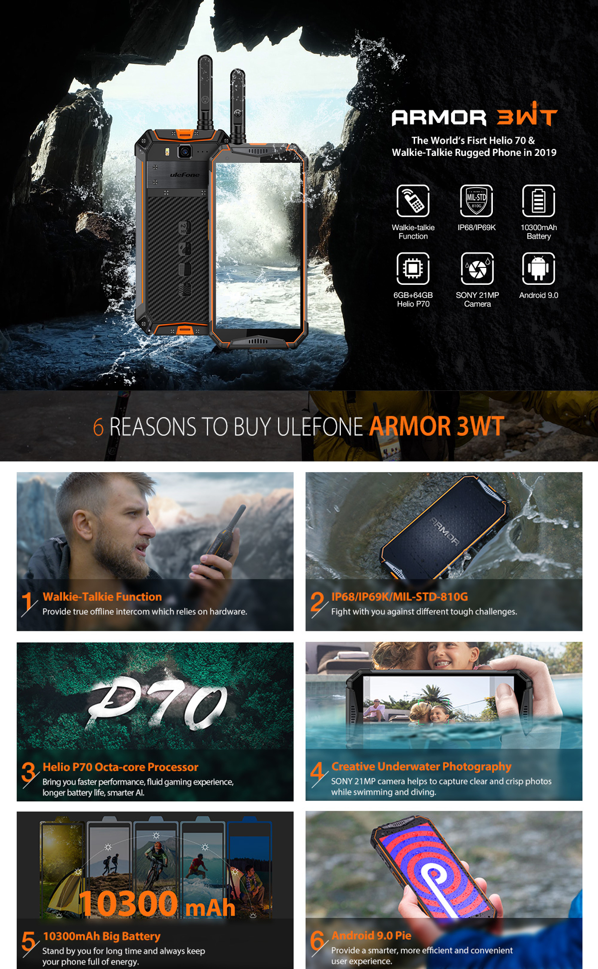 Ulefone Armor 3WT,IP68 IP69K Waterproof,Helio P70 Octa core