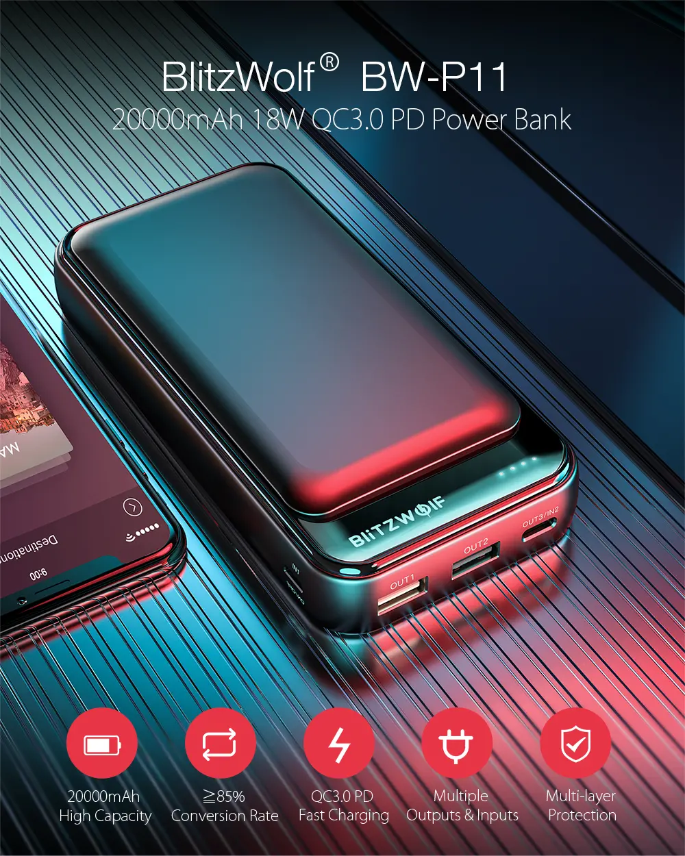 BlitzWolf® BW-P11 Banque de puissance pour PD3 pour 20000mAh 18W QC3.0 pour iPhone 11 Pro XR X pour Samsung S9 S10 pour Xiaomi Huawei