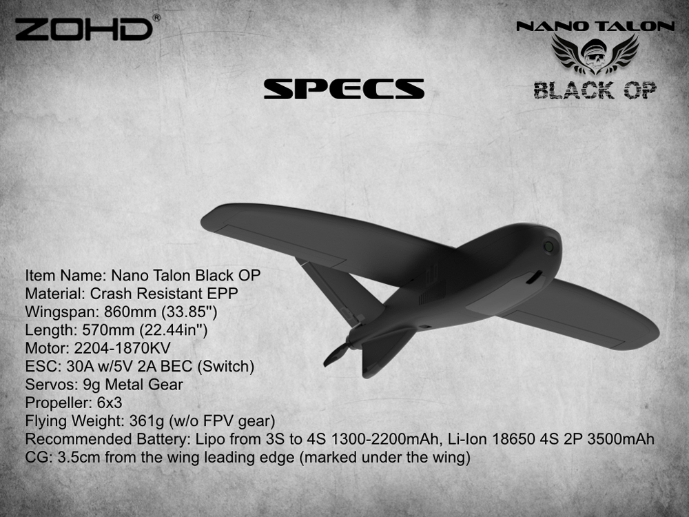 ZOHD Nano Talon Black OP 860mm Wingspan AIO V-Tail EPP FPV Wing RC Airplane PNP/With FPV Ready Limited Edition