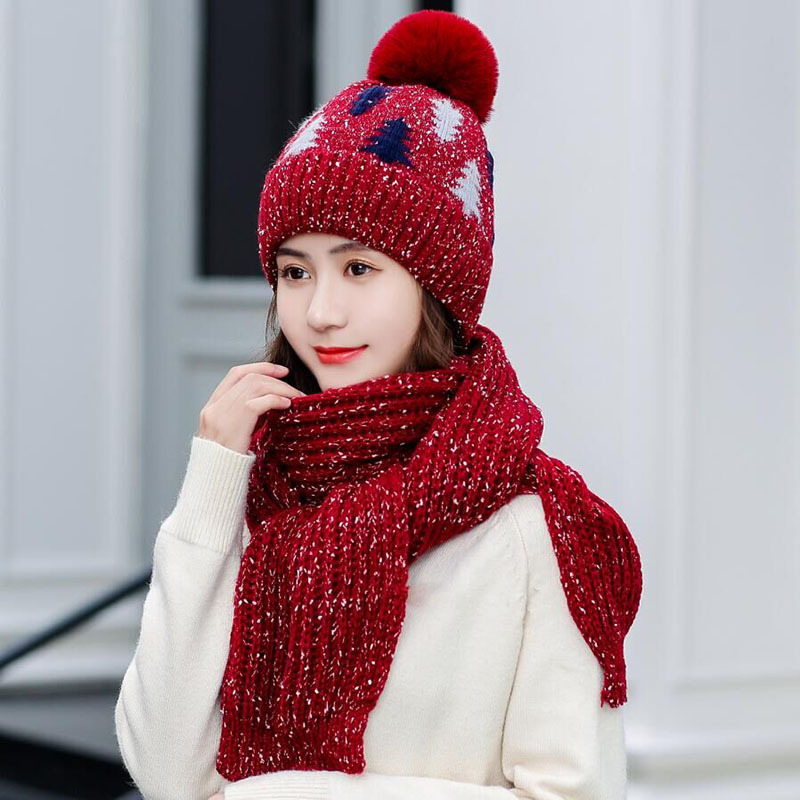 Épaississement de Noël laine chapeau laine tricot bonnet foulard ensemble
