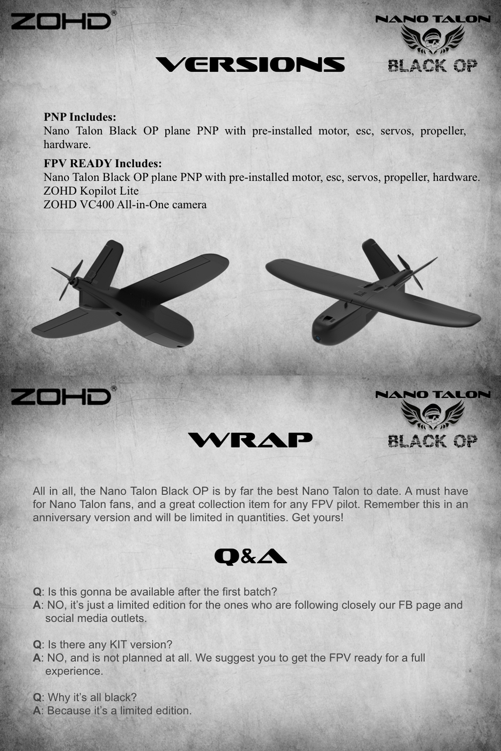 ZOHD Nano Talon Black OP 860mm Wingspan AIO V-Tail EPP FPV Wing RC Airplane PNP/With FPV Ready Limited Edition