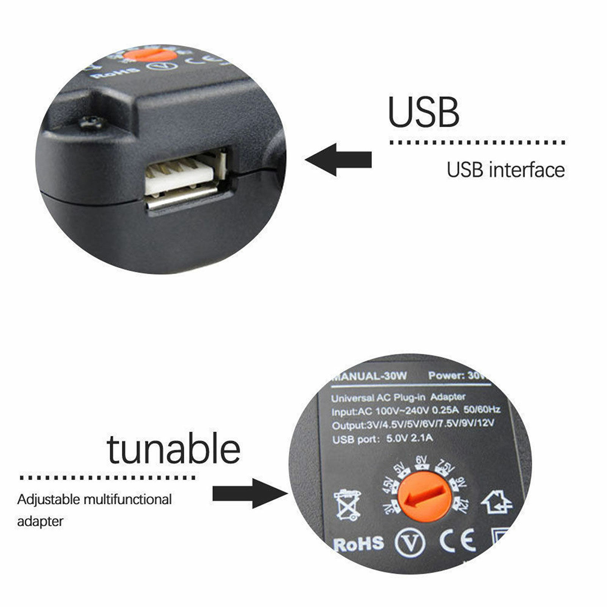 30W 3-12V Regulated Universal Power Adpapter Multi-function Switching Power Supply Power Supply Adapter AC to DC with 6 connectors