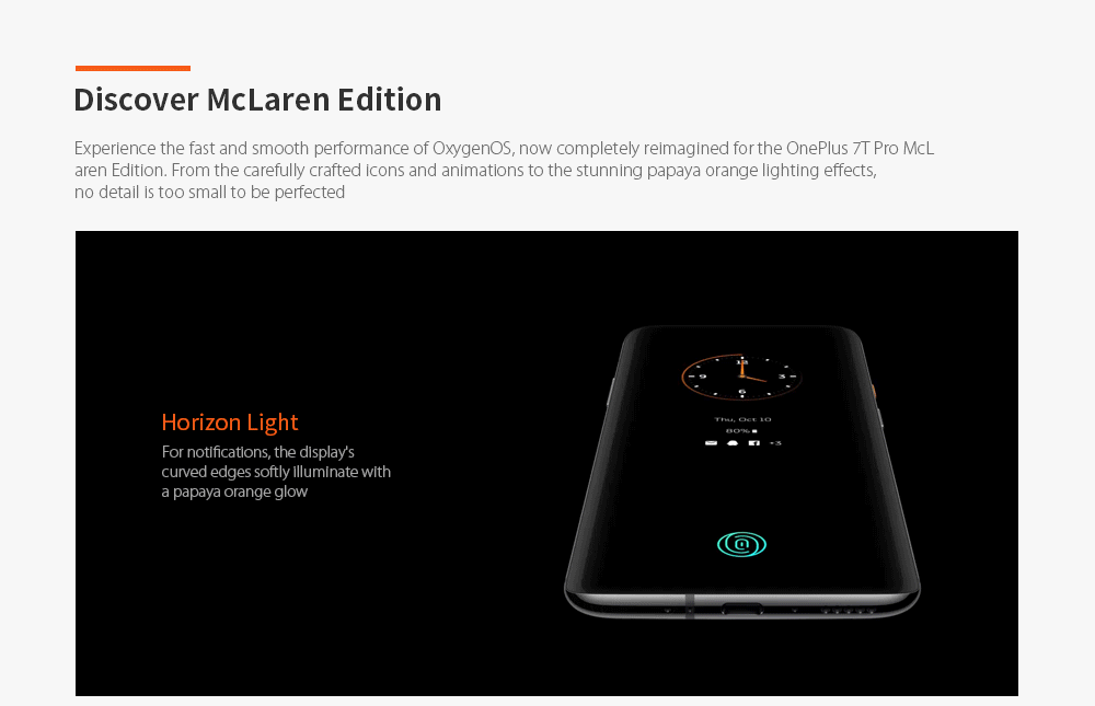 OnePlus 7T Pro McLaren Edition Global Version 6,67 polegadas 90Hz Display AMOLED fluido HDR10 + Android 10 NFC 4085mAh 48MP Câmeras traseiras triplas 12GB 256GB UFS 3.0 Snapdragon 855 Plus 4G Smartphone