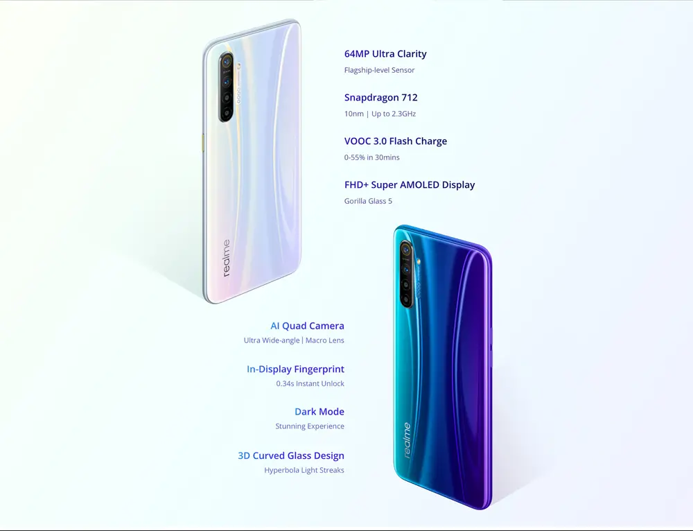 Eu de verdade XT Global Version 6.4 polegadas FHD + Super AMOLED Display 4000mAh 64MP AI Quad Câmeras Traseiras 8GB RAM 128GB ROM Snapdragon 712 AIE Octa Core 2.3GHz 4G Smartphone