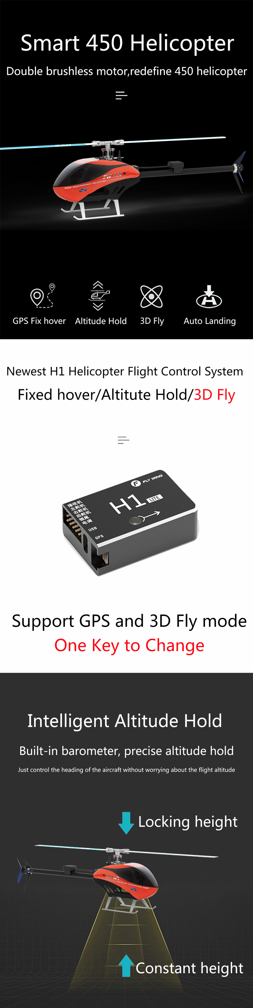 FLY WING FW450 6CH FBL 3D Flying GPS Altitude Hold One-key Return With H1 Flight Control System RC Helicopter RTF