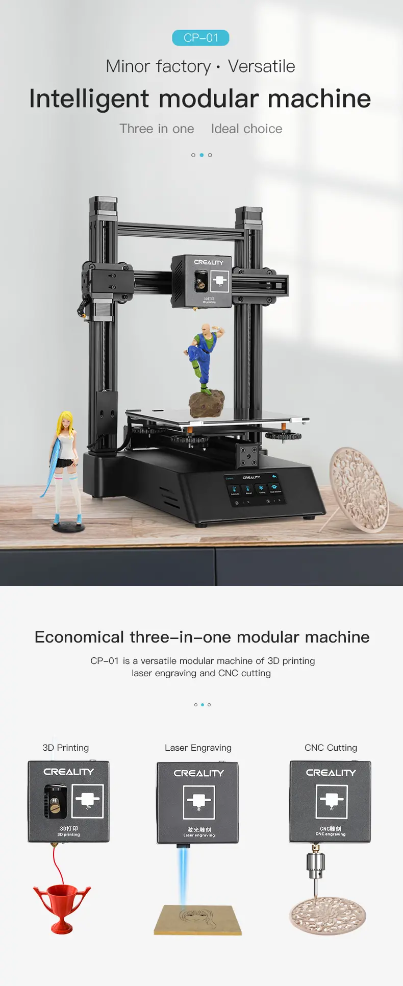 Creality 3D® CP-01 3-in-1 DIY เครื่องพิมพ์ 3 มิติแบบแยกส่วนเครื่อง ชุด รองรับการแกะสลักเลเซอร์ / CNC การตัดขนาดก