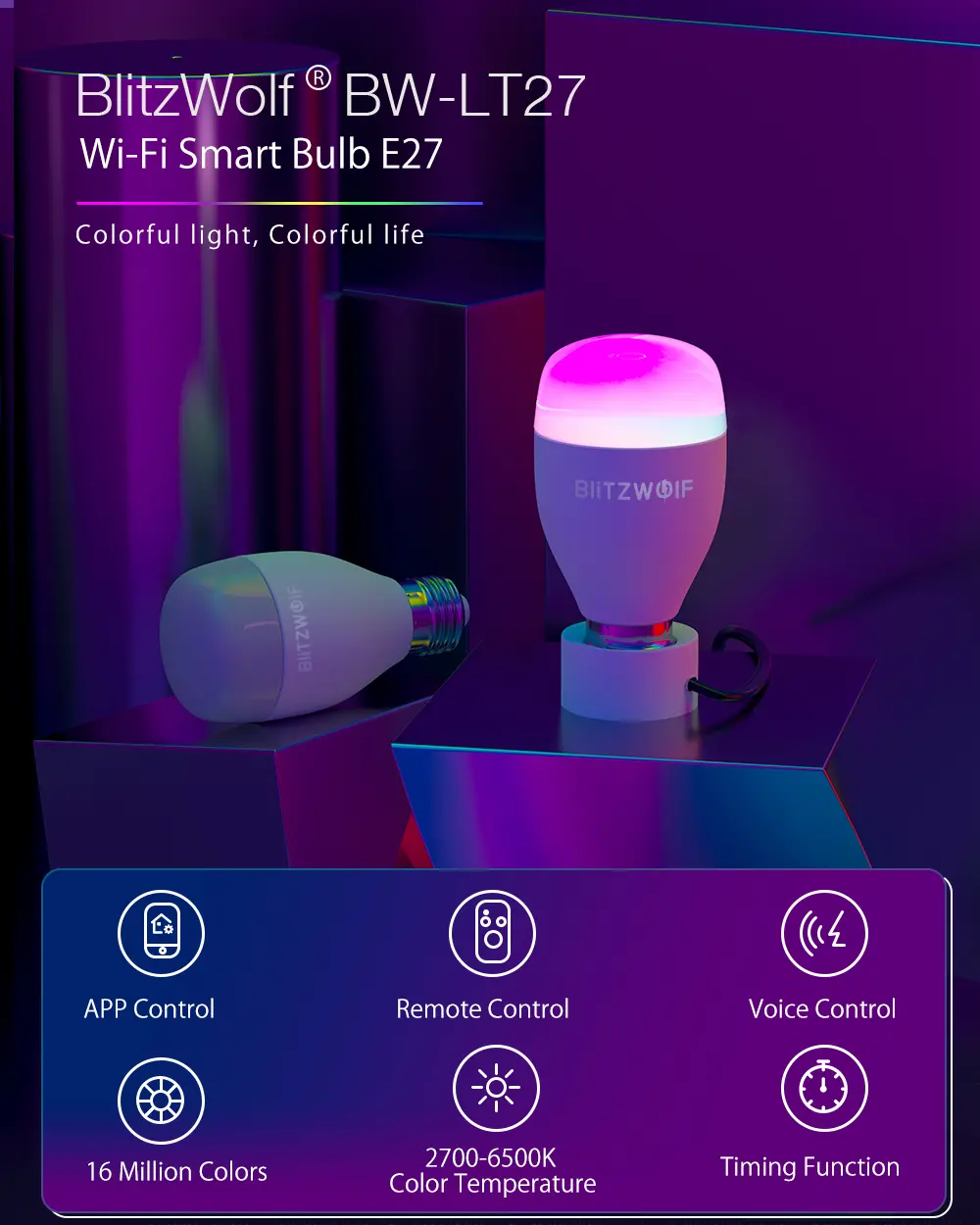 BlitzWolf® BW-LT27 AC100-240V RGBWW + CW 9W E27 APP Smart LED Alexa Google Assistant + IR Uzakdan Kumanda ile Ampul Çalışması BlitzWolf® BW-LT27 AC100-240V RGBWW + CW 9W E27 APP Smart LED Alexa Google Assistant + IR Uzakdan Kumanda ile Ampul Çalışması