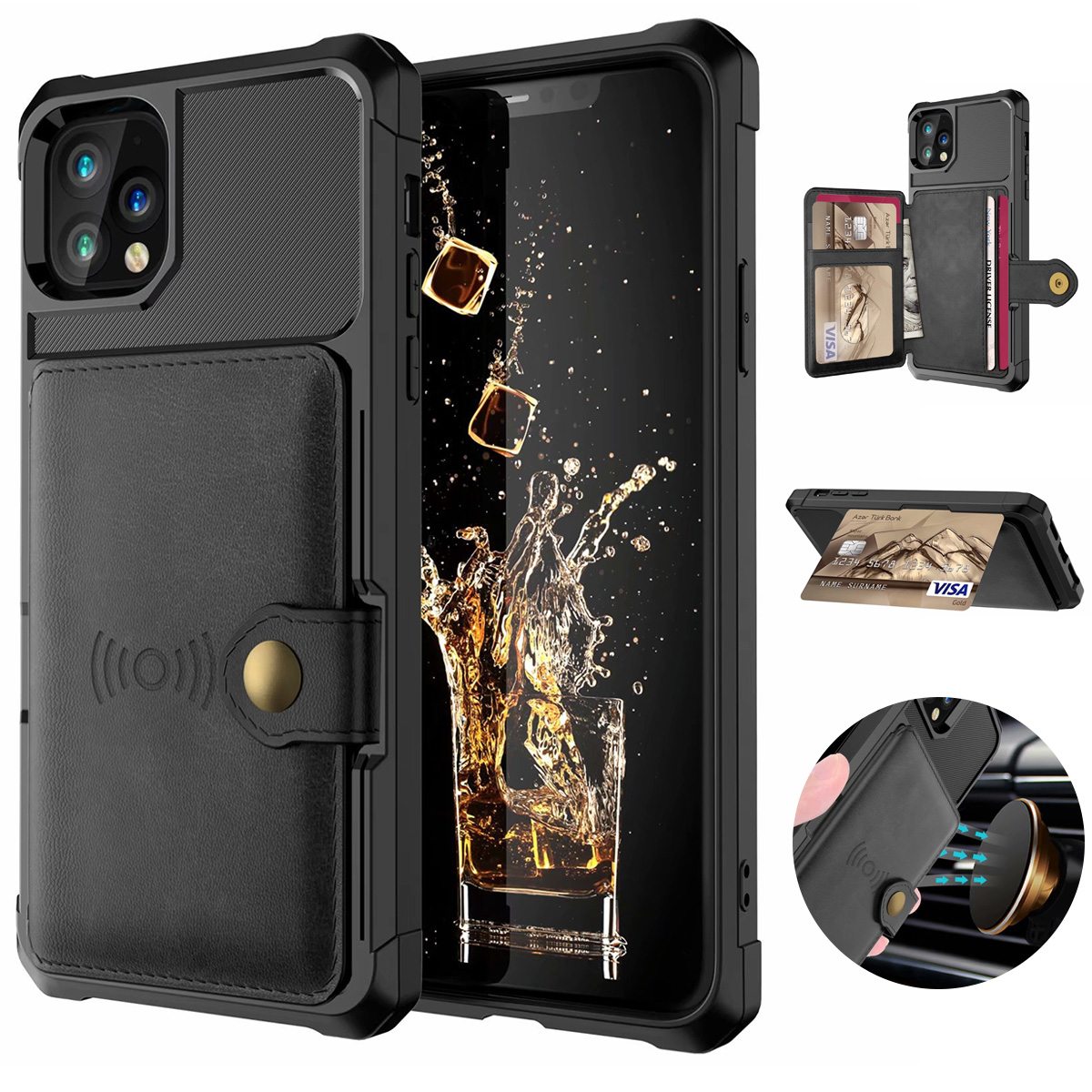 De luxe Armor Adsorption Magnétique Multi Fentes Pour Cartes Stand En Cuir PU Antichoc Portefeuille Étui De Protection pour iPhone 11 / Pro / Pro Max