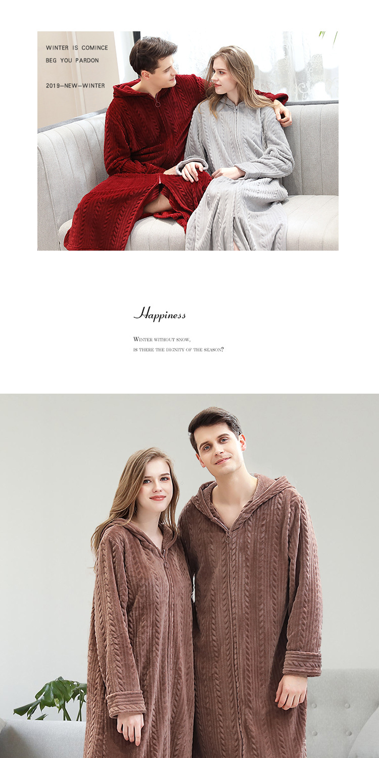 Flanella anteriore da donna con zip e cappuccio lungo accappatoio