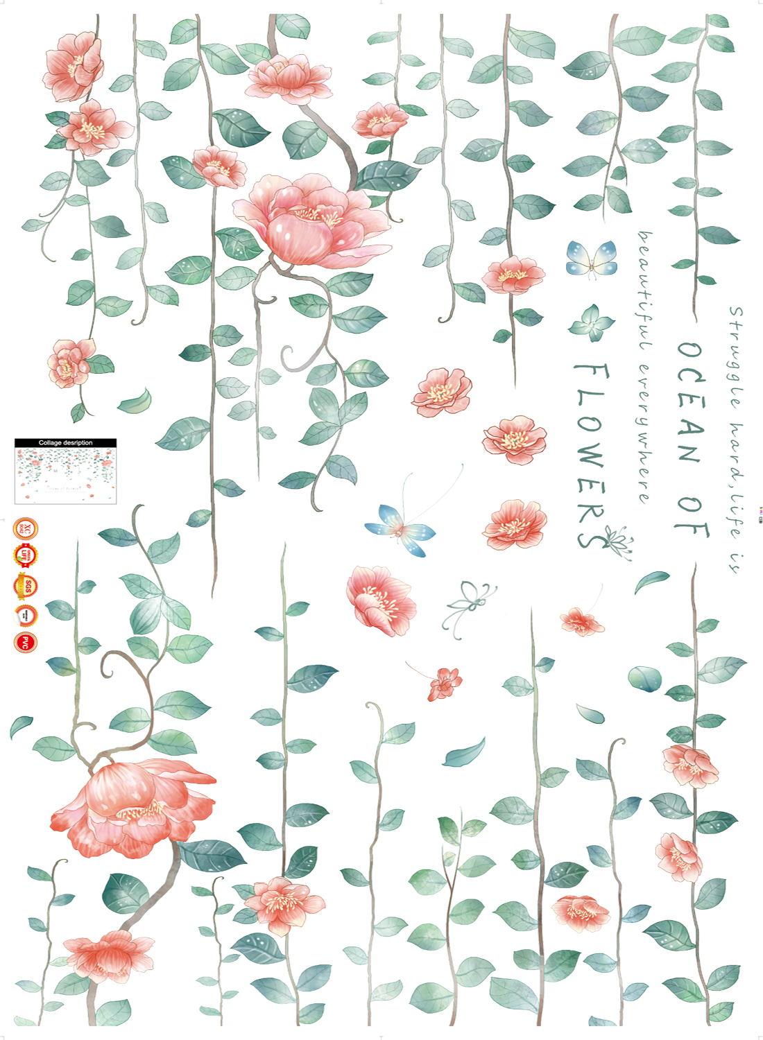 Miico Xc9042 Fleur Vigne Fleur Sticker Mural Salon Chambre Décoration Murale Autocollant Diy Autocollants