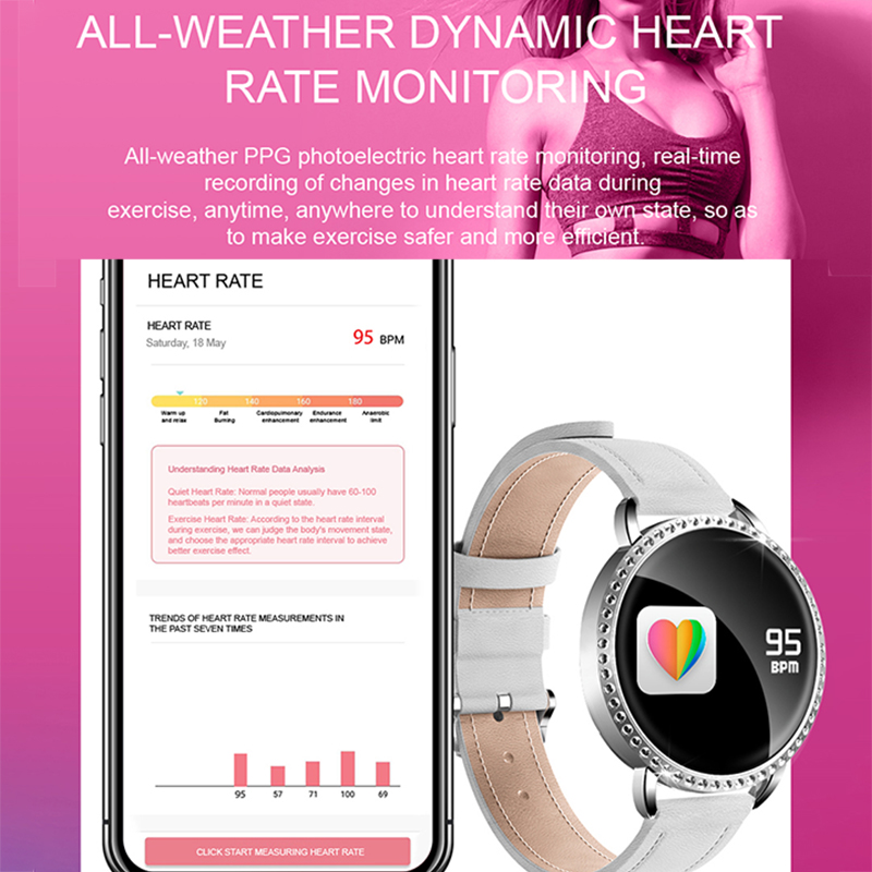 Bakeey H7 fréquence cardiaque pression artérielle moniteur d'oxygène mode femme cristal montre intelligente