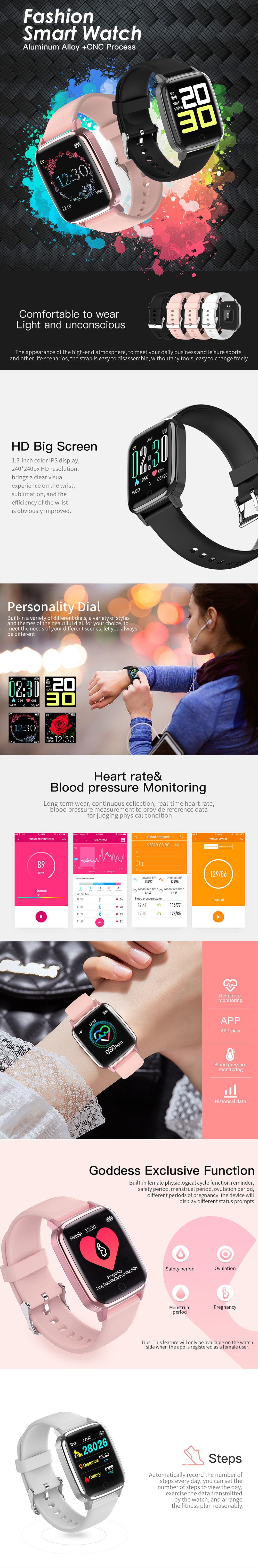 Newwear R1 Moniteur de pression artérielle avec moniteur de fréquence cardiaque, test de physiologie féminine exclusif, 1.3inch Grand écran Smart Watch
