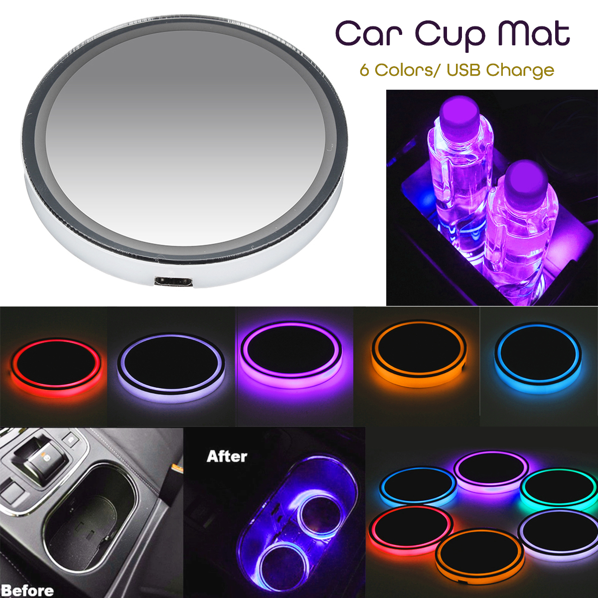 LED Auto Cup Holder Pad Mat Auto Atmosphere Interior Lights USB Rechargeable