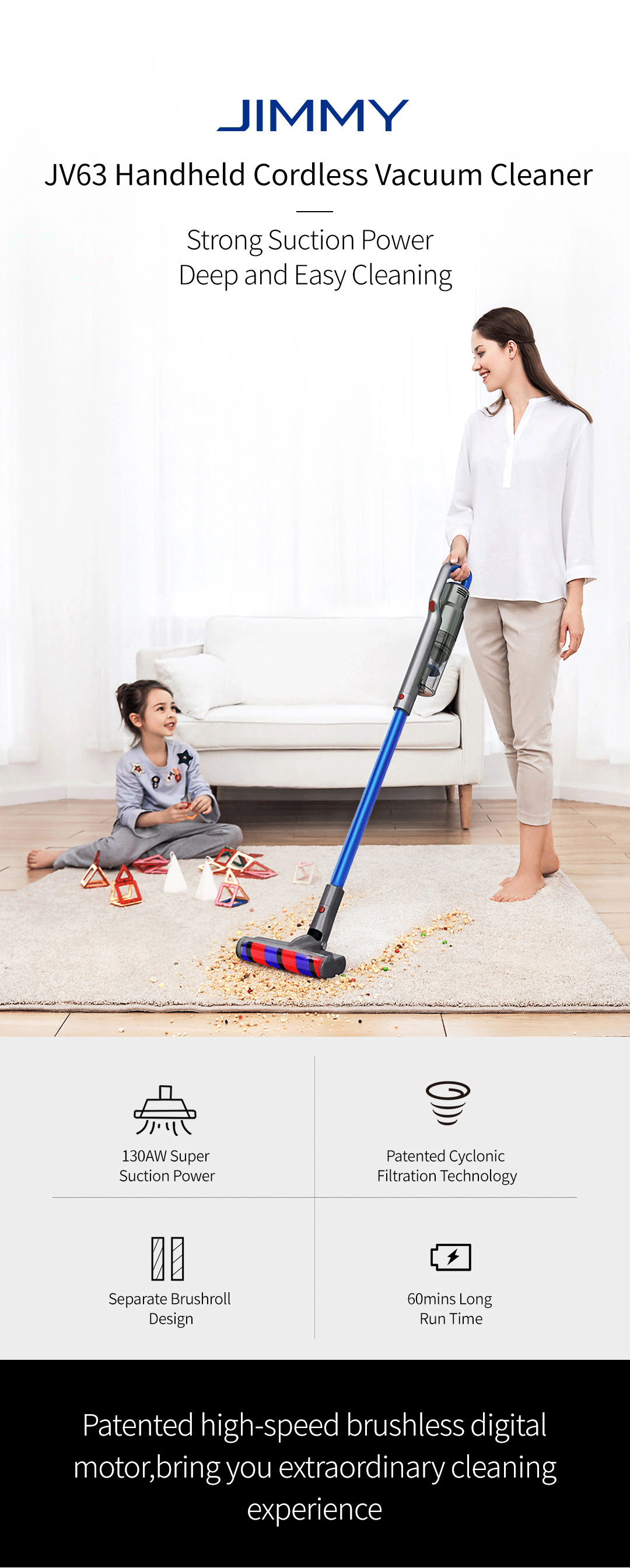 JIMMY JV63 Aspirateur portatif sans fil portable 130AW 20000Pa Aspiration Anti-enroulement Cheveux 60 minutes Durée de fonctionnement Tapis Collecteur de poussière