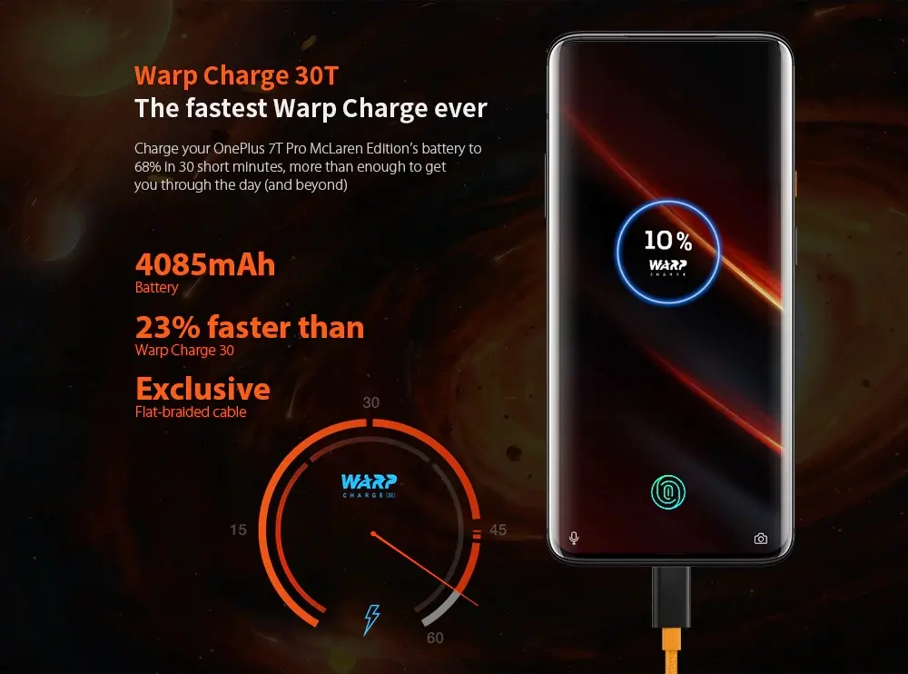 OnePlus 7T Pro McLaren Edition Global Version 6,67 polegadas 90Hz Display AMOLED fluido HDR10 + Android 10 NFC 4085mAh 48MP Câmeras traseiras triplas 12GB 256GB UFS 3.0 Snapdragon 855 Plus 4G Smartphone