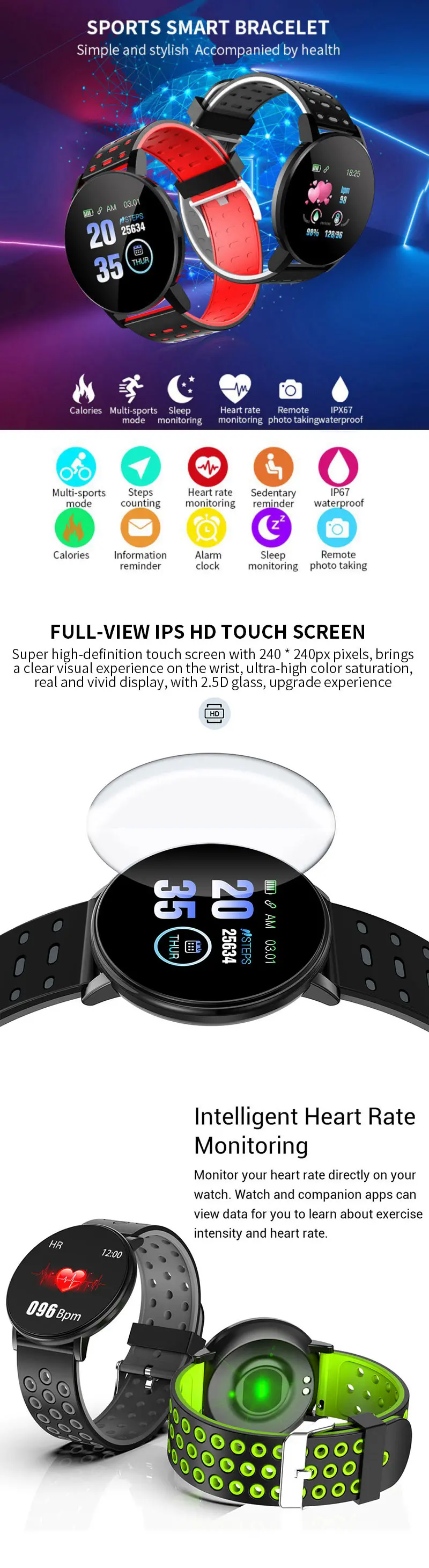 Écran tactile couleur XANES® 119Plus 1,3 pouces IP67 Moniteur de fréquence cardiaque étanche Montre intelligente Caméra à distance Modes de sport multiples Bracelet Tracker de fitness