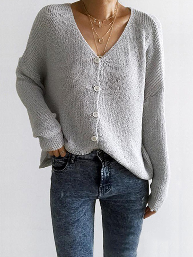 Femmes couleur unie col en V pulls boutonnés cardigans