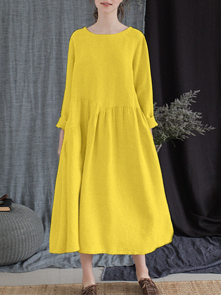 Robe Femme Col Solide Col Rond à Manches Longues