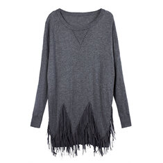 女性のパッチワークフリンジ裾純粋なカラーセーター