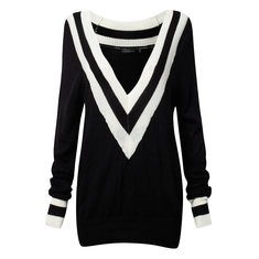 Blusas sexy marinha vento listrado profunda pescoço v manga longa casuais malha