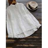 Plus Größe Elegante lange Ärmel Rüschen Baumwollbluse mit Saum