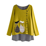 Stripe Cartoon Gato Blusa estampada patchwork de manga larga