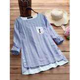Side Buttons Stripe Cat Embroidered Patchwork Blouse