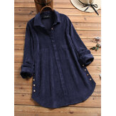 Corduroy Button Revers Lange mouw Vintage Plus Maat Blouse