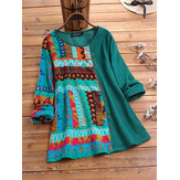 Cord Vintage Print Patchwork Langarm Bluse