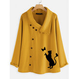 Women Causal Button Cartoon Cat Print Blouse