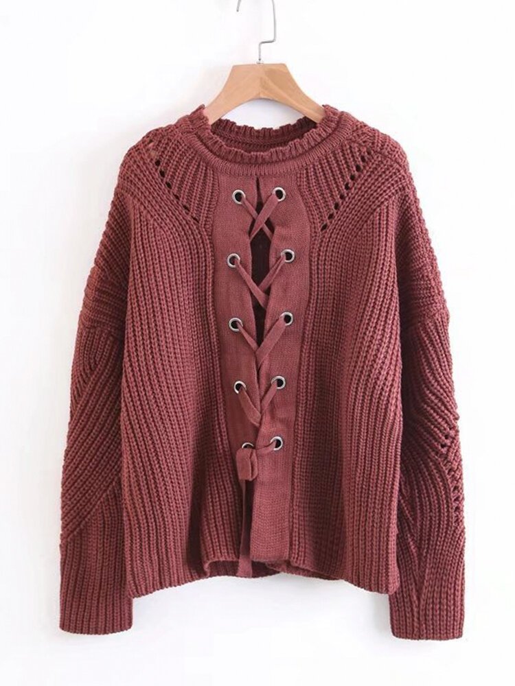 Sexy Women Lace Up Front Long Sleeve Pullover Sweater