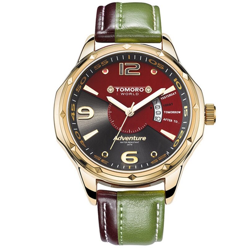 TOMORO Brand TMR0214 Calendar Dual Colors Leather Men Quartz Casual Stylish Male  Wrist Watch