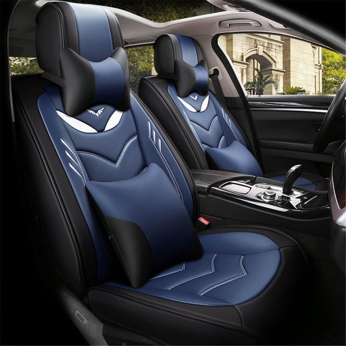 11x Black+Red 5-Seats Car Cover Full Front Rear Cushion Deluxe PU leather+Pillow