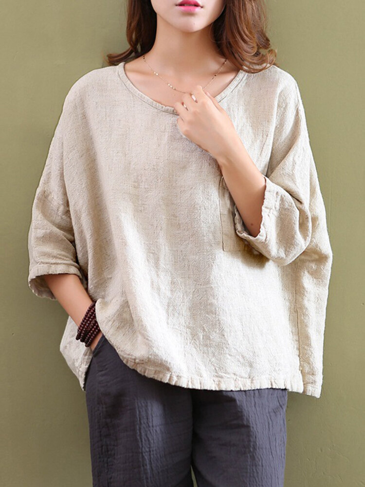 Casual Women Pure Color Pocket 3/4 Mouw Katoenen Tops