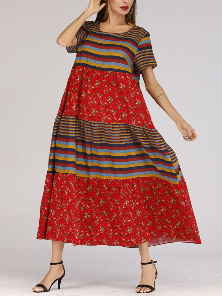 エスニックスタイルのOネック半袖の女性のロングドレス