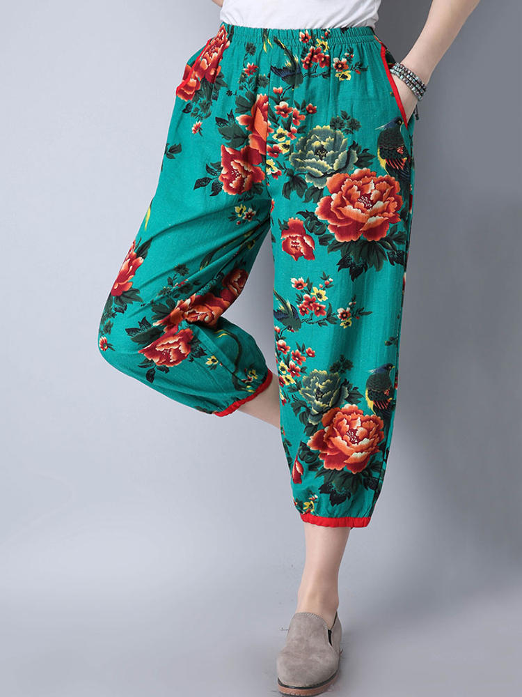 Mulheres &eacute;tnicas, cintura el&aacute;stica, floral, colheita impressa Cal&ccedil;as