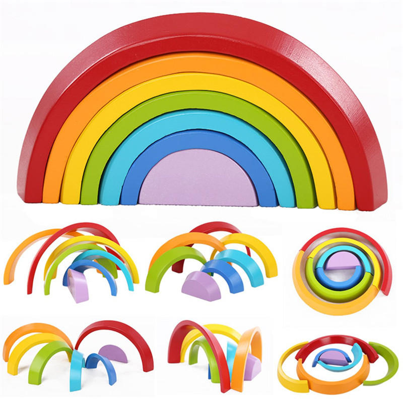 7 Colori Impilabili In Legno A Forma Di Arcobaleno Bambini Bambini Educativi Giocano Set Giocattolo