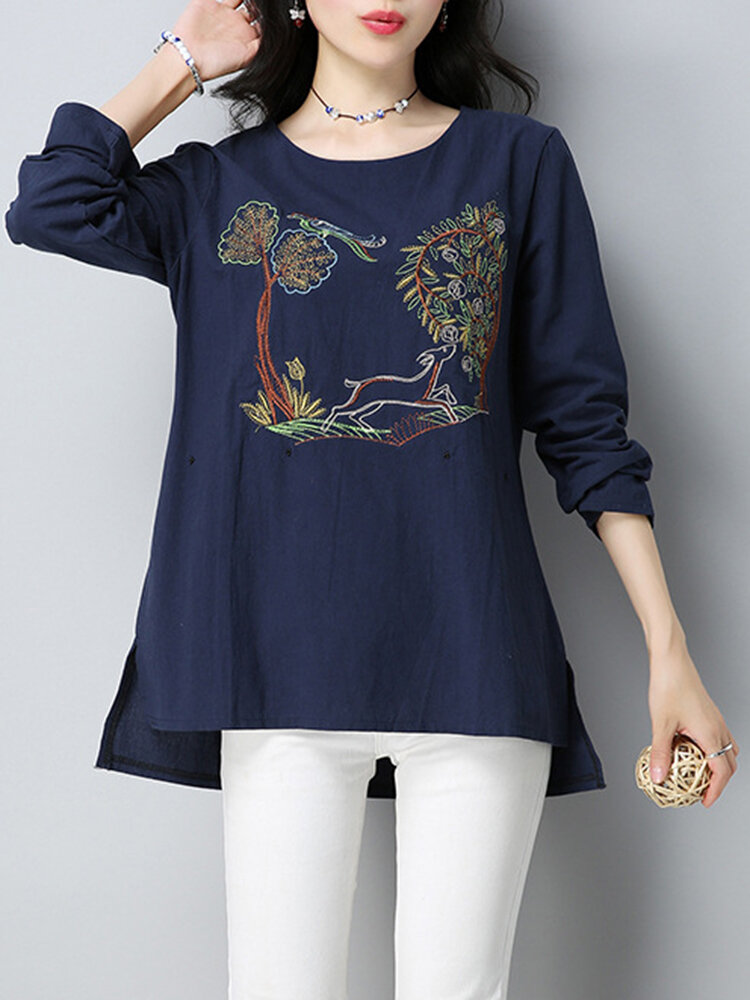 Mulheres vintage manga comprida Padr&atilde;o T-Shirt bordado